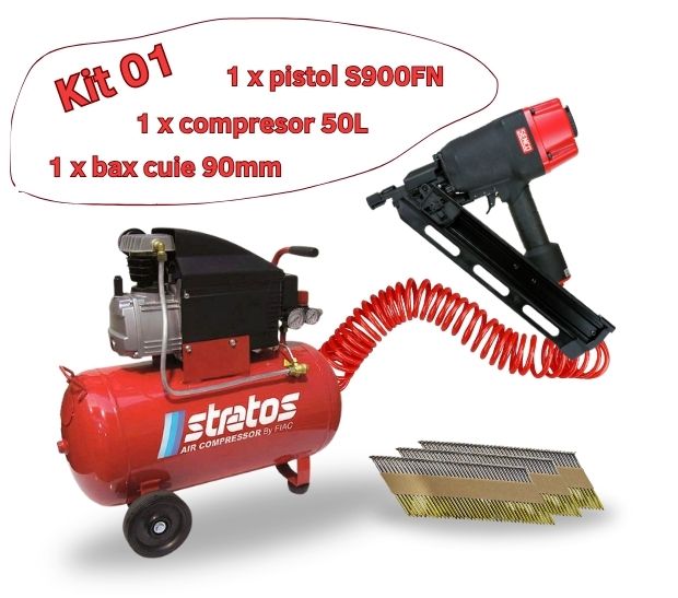 KIT Pistol pneumatic S900FN pentru cuie in banda + compresor