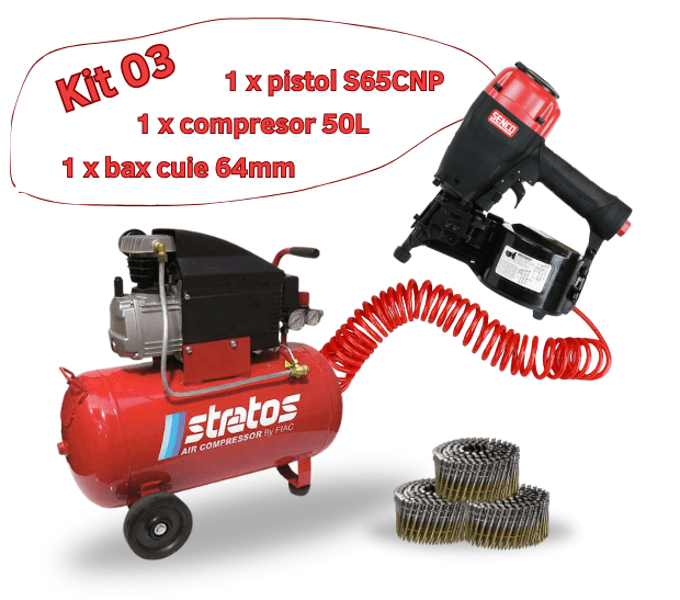KIT Pistol pneumatic S65CNP pentru cuie in rola + compresor FIAC STRATOS 50